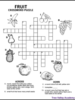 Printable fruit crossword puzzle for kids. Image clues of a banana, cherries, grapes, pear, pineapple, apple, strawberry, and a lemon. 5 of the words have word clues. Images are black and white and can be coloured by kids if desired. A spelling and vocabulary worksheet for kids around grade 3. Pdf includes answers.