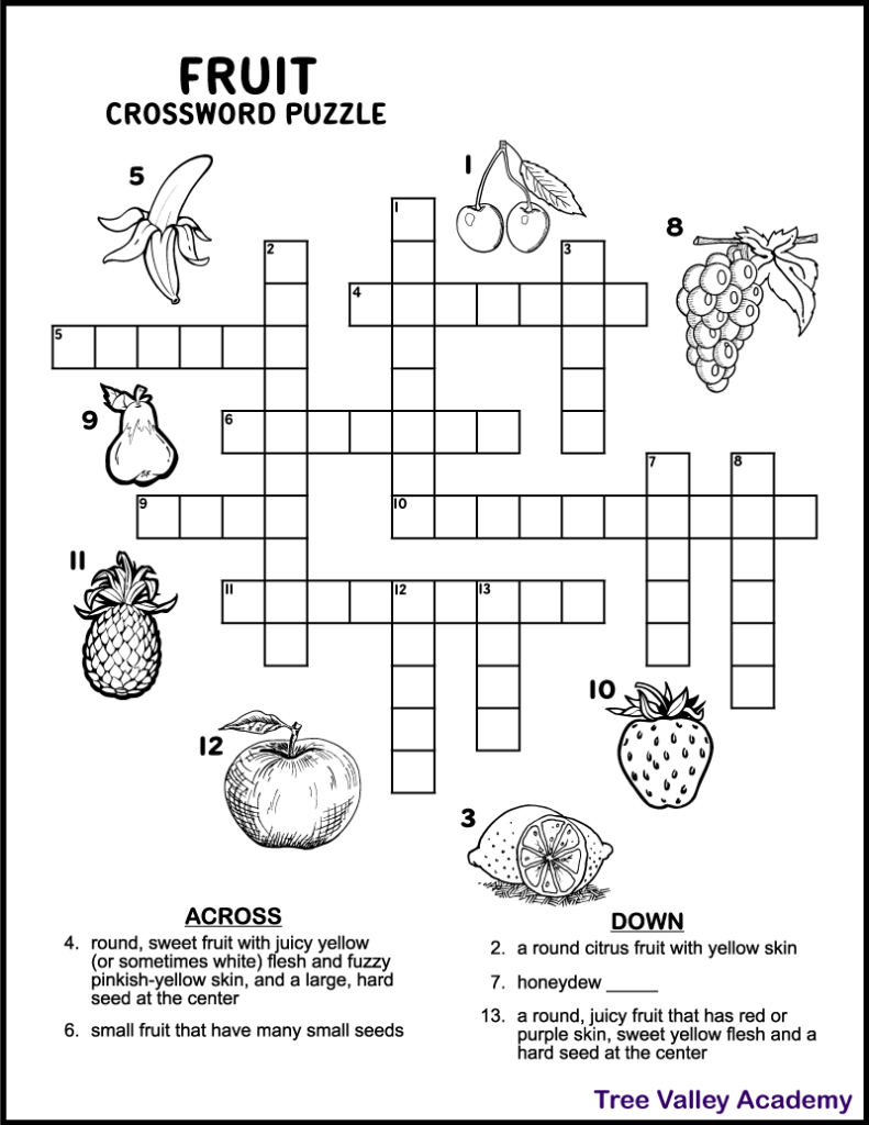 Printable fruit crossword puzzle for kids.  Image clues of a banana, cherries, grapes, pear, pineapple, apple, strawberry, and a lemon. 5 of the words have word clues.  Images are black and white and can be coloured by kids if desired. A spelling and vocabulary worksheet for kids around grade 3.  Pdf includes answers.    