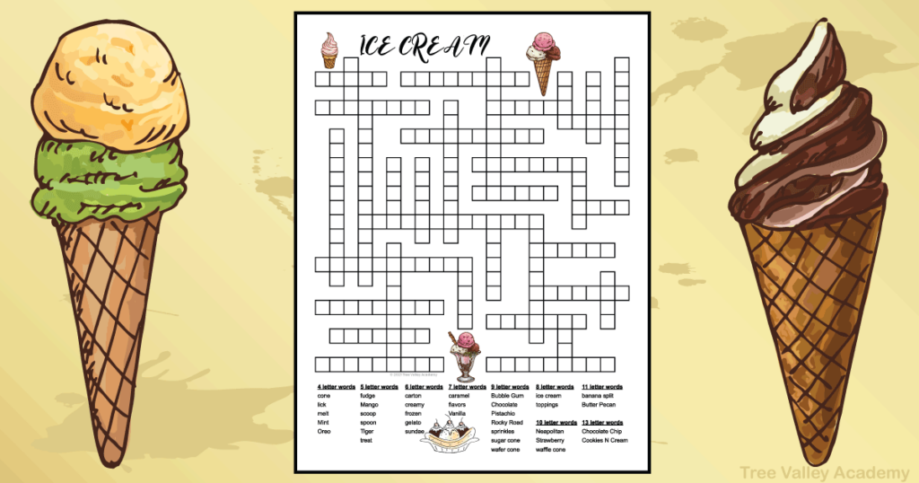 A one page free printable ice cream themed fill in word puzzle.  The puzzle has 35 ice cream words to fit in the puzzle. 14 of the words are popular ice cream flavors. There are 4 letter words up to 13 letter words.  Images of a 3 scoop ice cream cone, a soft serve ice cream cone, a banana split and bowl with ice cream decorate the puzzle.  The downloadable pdf has 2 versions to choose from: black and white or color.  Answers included. 