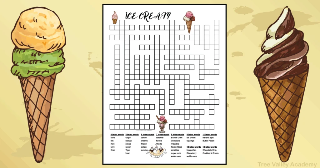 A one page free printable ice cream themed fill in word puzzle.  The puzzle has 35 ice cream words to fit in the puzzle. 14 of the words are popular ice cream flavors. There are 4 letter words up to 13 letter words.  Images of a 3 scoop ice cream cone, a soft serve ice cream cone, a banana split and bowl with ice cream decorate the puzzle.  The downloadable pdf has 2 versions to choose from: black and white or color.  Answers included. 