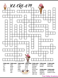 A one page free printable ice cream themed fill in word puzzle. The puzzle has 35 ice cream words to fit in the puzzle. 14 of the words are popular ice cream flavors. There are 4 letter words up to 13 letter words. Images of a 3 scoop ice cream cone, a soft serve ice cream cone, a banana split and bowl with ice cream decorate the puzzle. The downloadable pdf has 2 versions to choose from: black and white or color. Answers included.