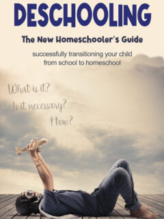 The new homeschooler's guide to Deschooling. Successfully transitioning your child from school to homeschool. What is it? Is it necessary? How? A school aged boy wearing a pilot hat and goggles, lies on his back, barefoot, looking up to the sky, playing with a toy airplane.