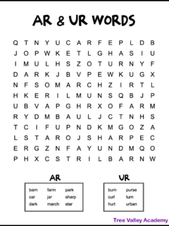 Free printable bossy R word search for kids around 2nd grade. The word puzzle focuses on the phonics sound of R controlled vowels AR & UR. There are 15 hidden words for kids to find. Skill level is easy and the letters are large print. It's black and white.