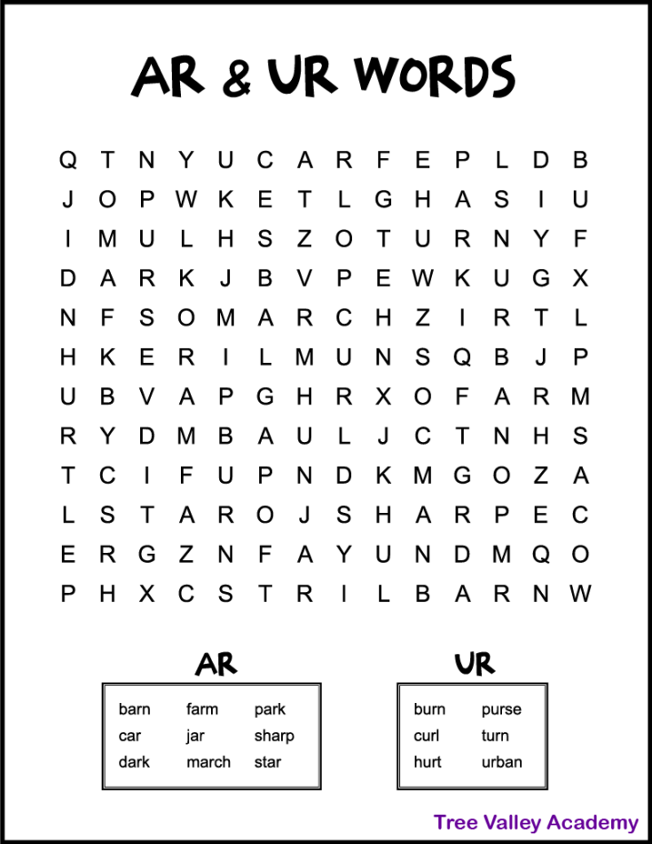 AR & UR Bossy R Word Search for Kids - Tree Valley Academy