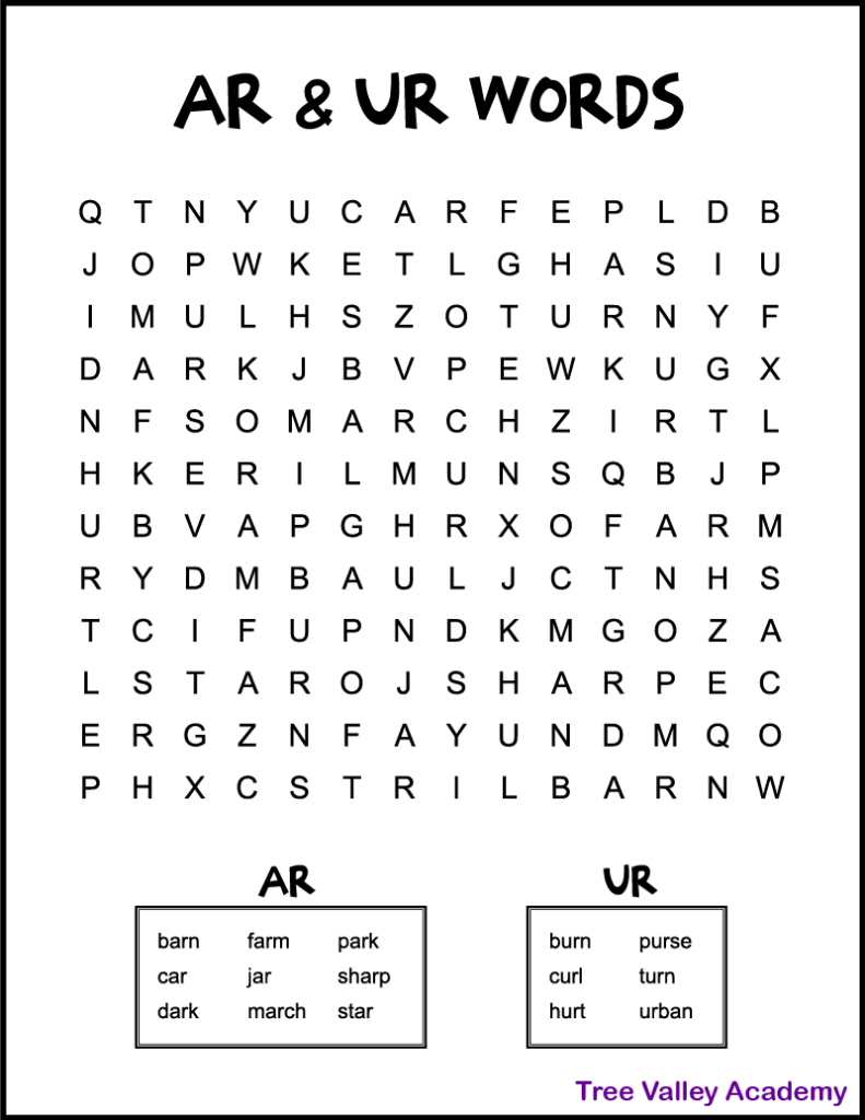 Free printable bossy R word search for kids around 2nd grade.  The word puzzle focuses on the phonics sound of R controlled vowels AR & UR.  There are 15 hidden words for kids to find.  Skill level is easy and the letters are large print.  It's black and white.     