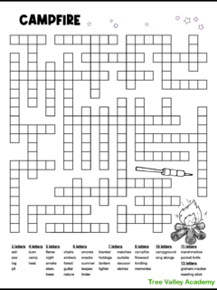 A free printable campfire camping fill in word puzzle. The free print and go camping activity sheet has 40 campfire themed words to fit in the puzzle. There are 3 letter words up to 13 letter words. It prints in black and white and has images that kids might enjoy coloring. Image of a fire burning firewood and marshmallow's on a roasting stick under a night's sky.
