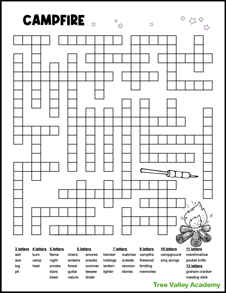 A free printable campfire camping fill in word puzzle.  The free print and go camping activity sheet has 40 campfire themed words to fit in the puzzle.  There are 3 letter words up to 13 letter words.  It prints in black and white and has images that kids might enjoy coloring.  Image of a fire burning firewood and marshmallow's on a roasting stick under a night's sky.