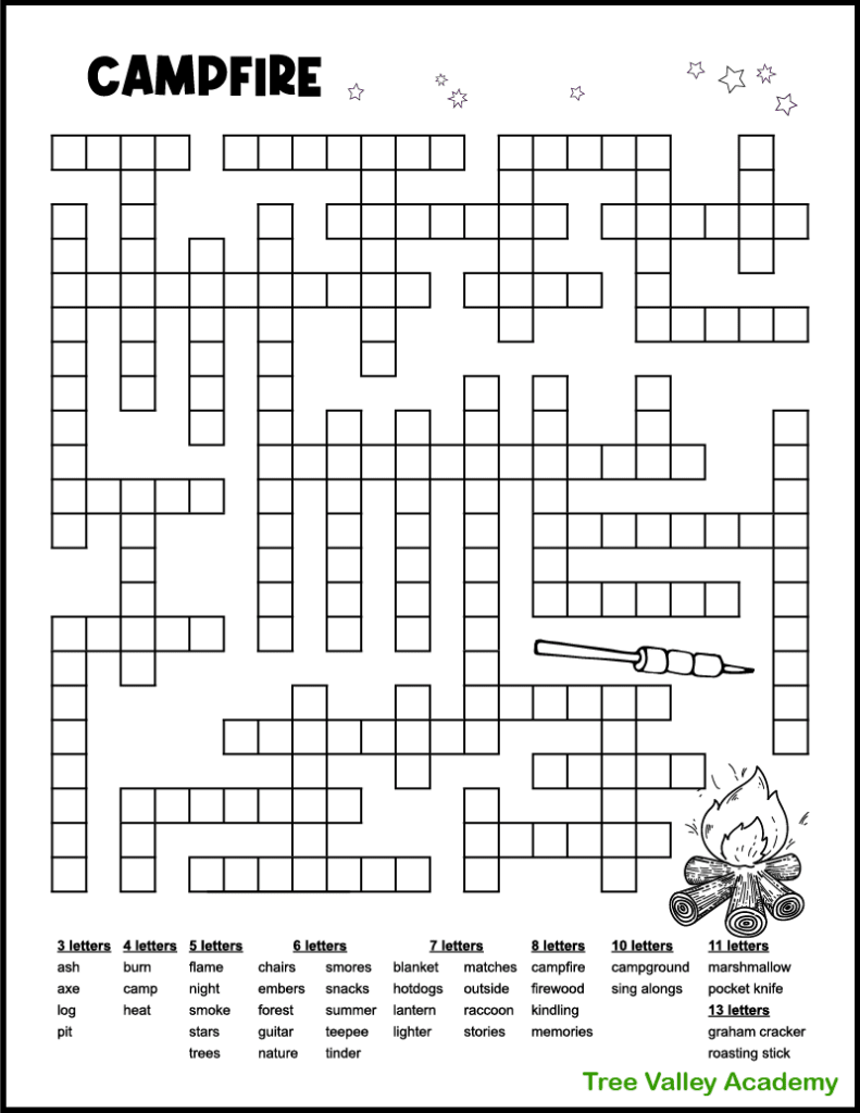 A free printable campfire camping fill in word puzzle. The free print and go camping activity sheet has 40 campfire themed words to fit in the puzzle. There are 3 letter words up to 13 letter words. It prints in black and white and has images that kids might enjoy coloring. Image of a fire burning firewood and marshmallow's on a roasting stick under a night's sky.