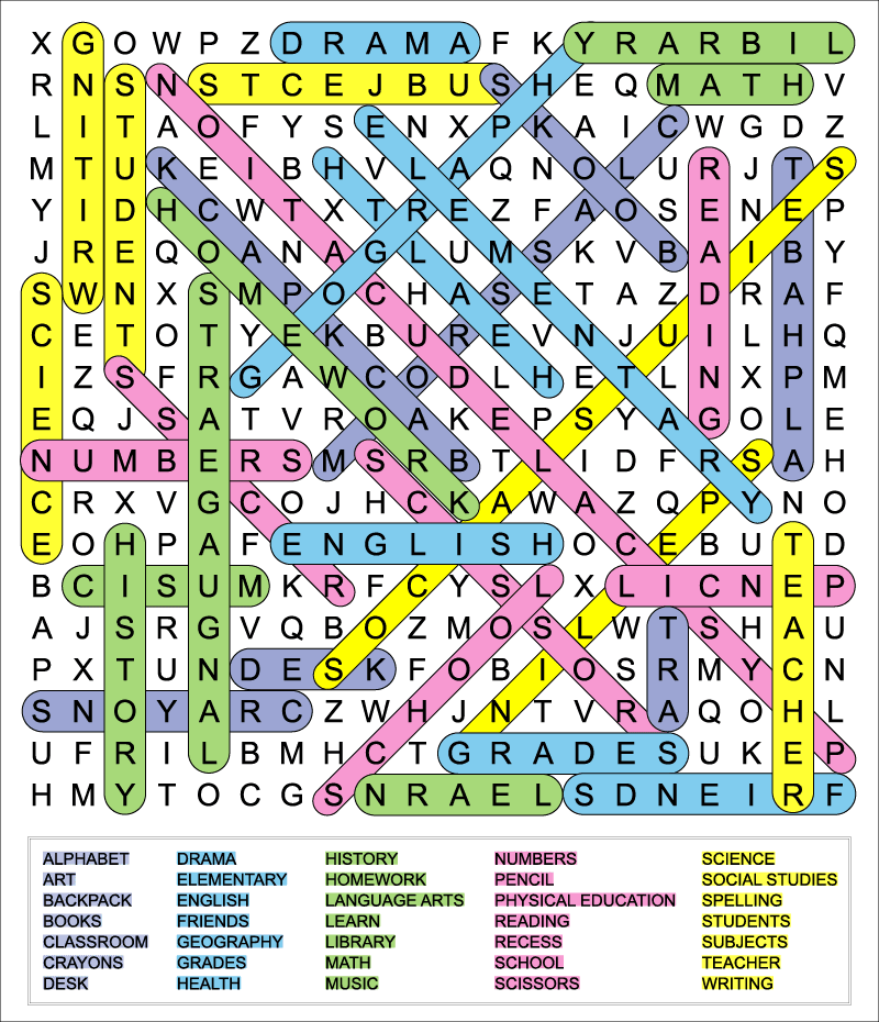 A color coded answer key to easily see the hidden words in a difficult back to school word search. The puzzle has 35 hidden words in a 19 X 20 grid of uppercase letters.
