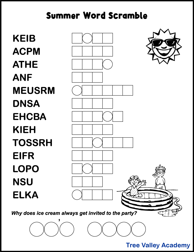 Printable Summer Word Scrambles for Kids - Tree Valley Academy scrambled letters to form words