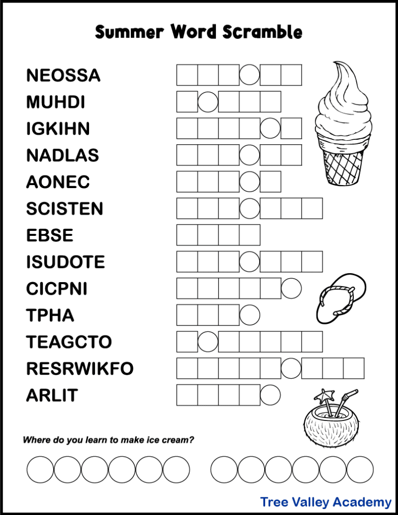 Free printable word scramble for kids in grades 4 and up.  The puzzle has 13 jumbled words between 4 and 9 letters long.  The scrambled words are 4th grade summer themed spelling words.  When all the mixed up words have been unscrambled, the letters in circles will reveal an answer to a summer joke for kids.  The black and white printable has some images for kids to color.  There's a picture of an ice cream cone, a sandal, and a special drink from a coconut. Free downloadable pdf includes an answer sheet.