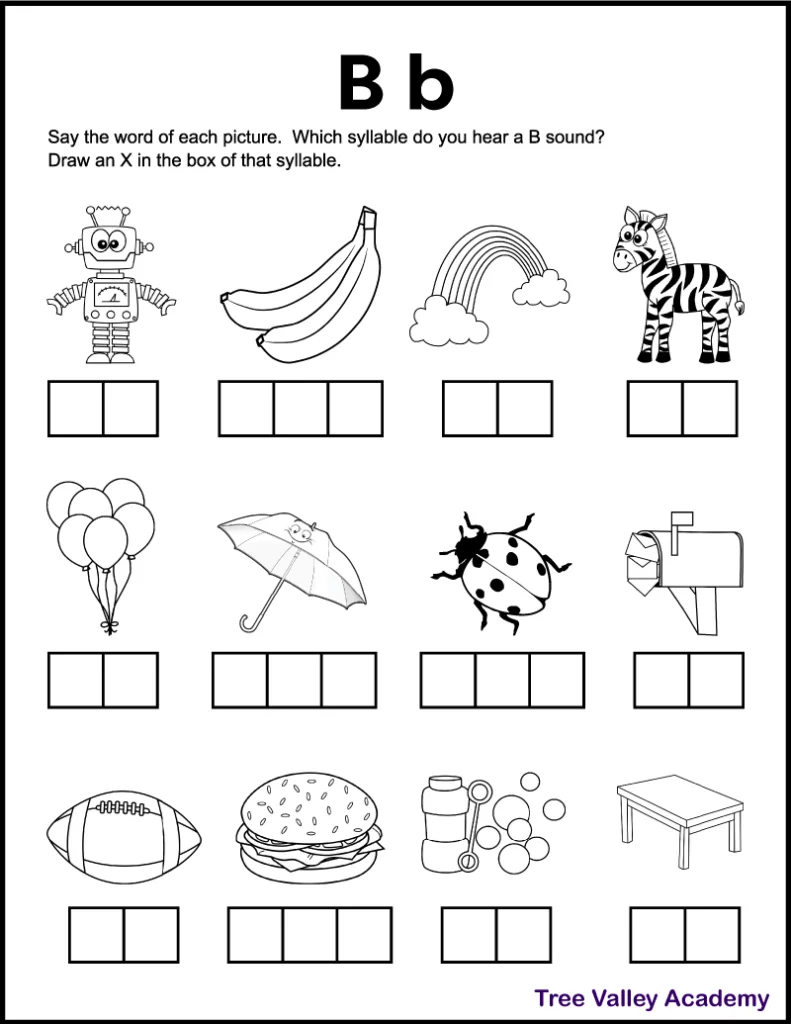 A free printable letter b sound worksheet perfect for 1st grade students. There's 12 black and white images of items and kids need to sound each word out, and identify which syllables contain a B sound. Kids will mark an X in the box representing that syllable. Free downloadable pdf includes answer page.