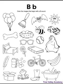 A free printable letter B beginning sound worksheet for kindergarten or grade 1 students. This letter B coloring page has 16 letter B pictures for kids to color.