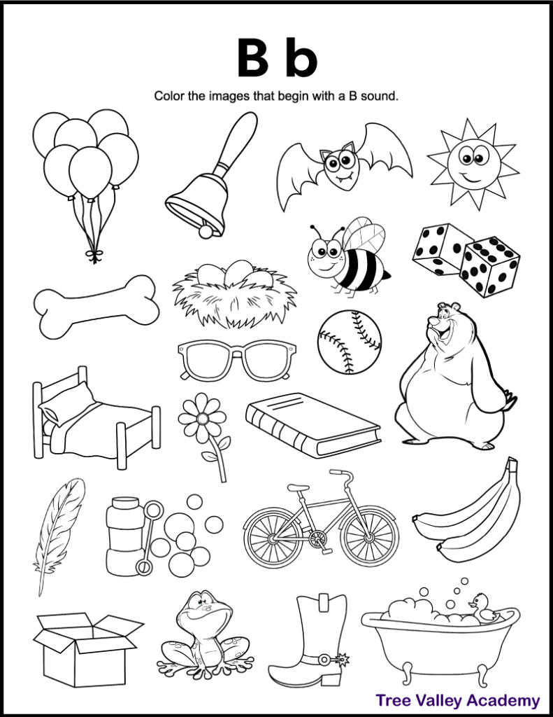 A free printable letter B beginning sound worksheet for kindergarten or grade 1 students. This letter B coloring page has 16 letter B pictures for kids to color.