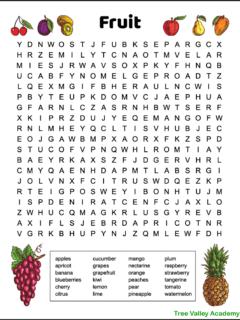 Free printable fruit word search. There are 24 hidden fruit names for kids to find and circle in a 19 X 20 grid of letters. The one page printable puzzle has pictures of cherries, a plum, kiwi, apple, pear, mango, grapes and a pineapple. 2 printable options: a color version or a black and white version where kids can color the images if they wish.