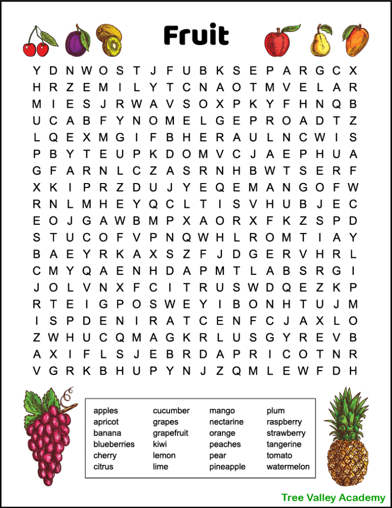 Free printable fruit word search.  There are 24 hidden fruit names for kids to find and circle in a 19 X 20 grid of letters.  The one page printable puzzle has pictures of cherries, a plum, kiwi, apple, pear, mango, grapes and a pineapple. 2 printable options: a color version or a black and white version where kids can color the images if they wish.