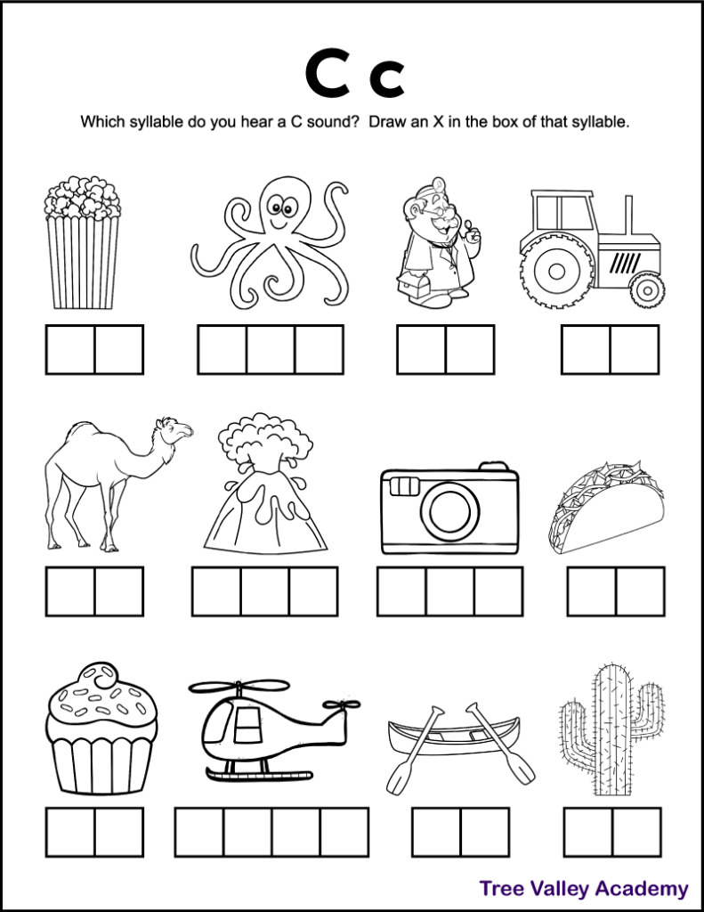A free printable letter C sound worksheet perfect for 1st grade students. There's 12 black and white images of items and kids need to sound each word out, and identify which syllables contains a hard c sound.  Kids will mark an X in the box representing that syllable. Free downloadable pdf includes answer page.
