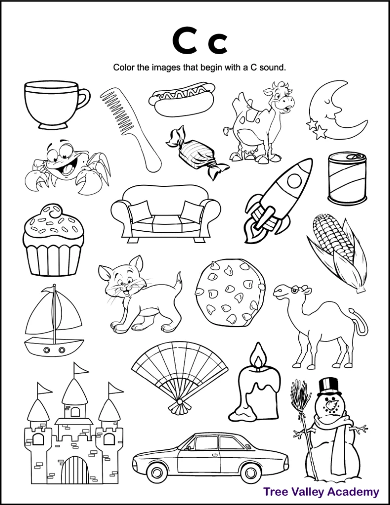 A free printable letter C beginning sound worksheet for preschool or kindergarten students. This letter C coloring page has 21 items.  15 of them are pictures with a hard letter C sound for kids to color.