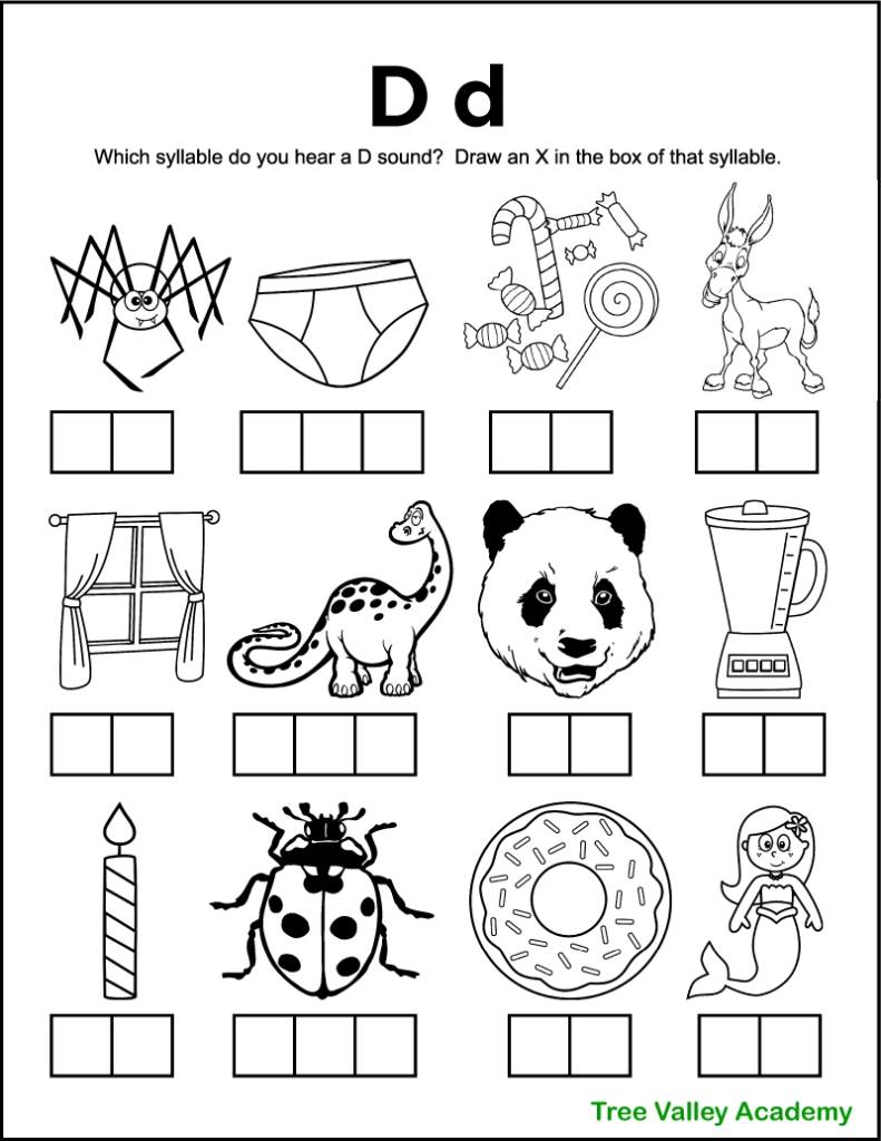 A free printable letter d sound worksheet perfect for 1st grade students. There's 12 black and white images of items and kids need to sound each word out, and identify which syllables contain a D sound. Kids will mark an X in the box representing that syllable. Free downloadable pdf includes answer page.