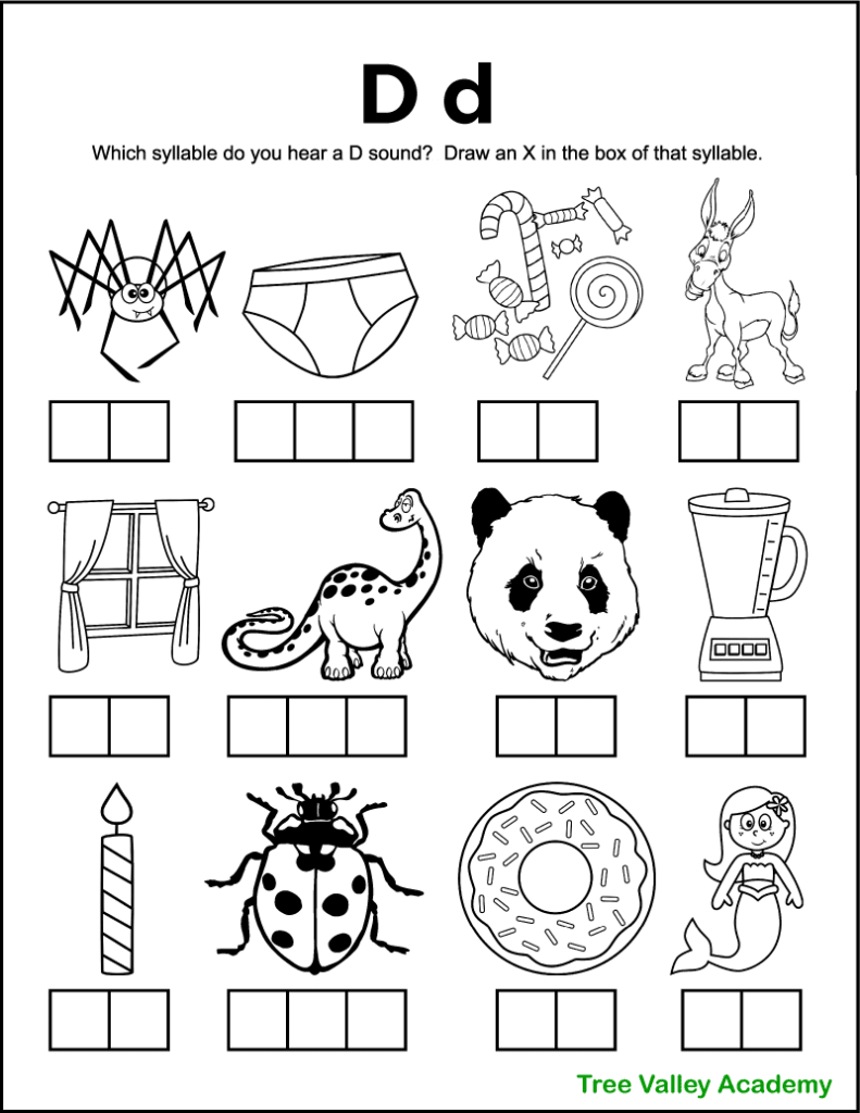 A free printable letter d sound worksheet perfect for 1st grade students. There's 12 black and white images of items and kids need to sound each word out, and identify which syllables contain a D sound. Kids will mark an X in the box representing that syllable. Free downloadable pdf includes answer page.