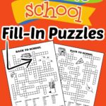 2 free printable back to school fill in puzzles for kids. The puzzles are black and white and have school themed images kids can color.