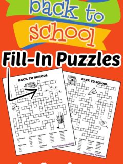 2 free printable back to school fill in puzzles for kids. The puzzles are black and white and have school themed images kids can color.