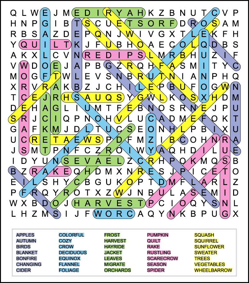 A color coded difficult fall word search answer key.