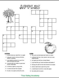 Free printable apple crossword for kids. The black and white crossword puzzle worksheet for grade 2 has an image of an apple tree and an apple that could be coloured. There are 15 clues for kids to solve.