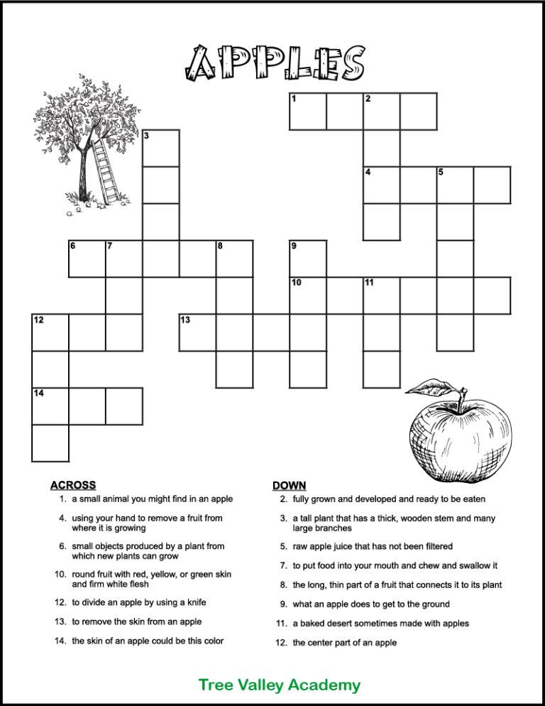 Printable Apple Crossword Puzzle for Kids Tree Valley Academy