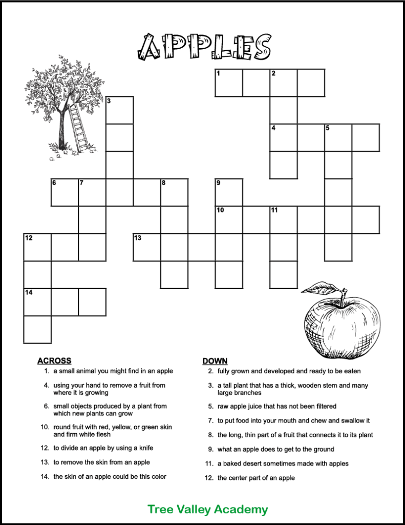 Free printable apple crossword for kids.  The black and white crossword puzzle worksheet for grade 2 has an image of an apple tree and an apple that could be coloured.  There are 15 clues for kids to solve.  