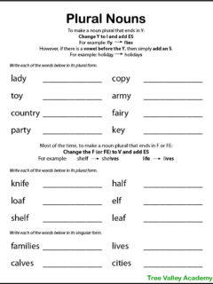 Free printable plural nouns worksheet. Kids will work on making nouns plural that end in Y, F or FE. There's a simple explanation of the rules of plural nouns ending in F to VES and Y to IES. Kids will write the plural form of 8 nouns ending in Y; the plural form of 6 nouns ending in F (or FE); and write the singular form of 4 nouns that end in IES or VES.