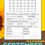 1st and 2nd grade September calendar worksheets for kids.