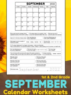 1st and 2nd grade September calendar worksheets for kids.