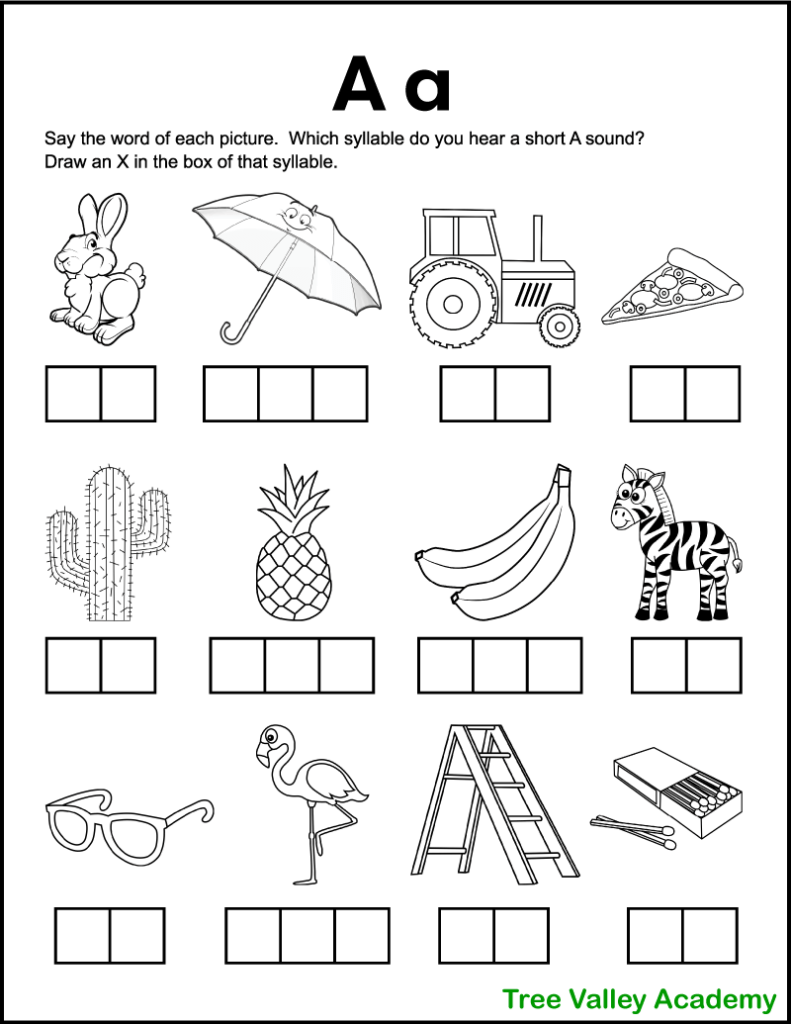 A free printable letter a sound phonics worksheet perfect for 1st grade students. There's 12 black and white images of objects and kids need to sound each word out, and identify which syllables contain a short A sound. Kids will mark an X in the box representing that syllable.