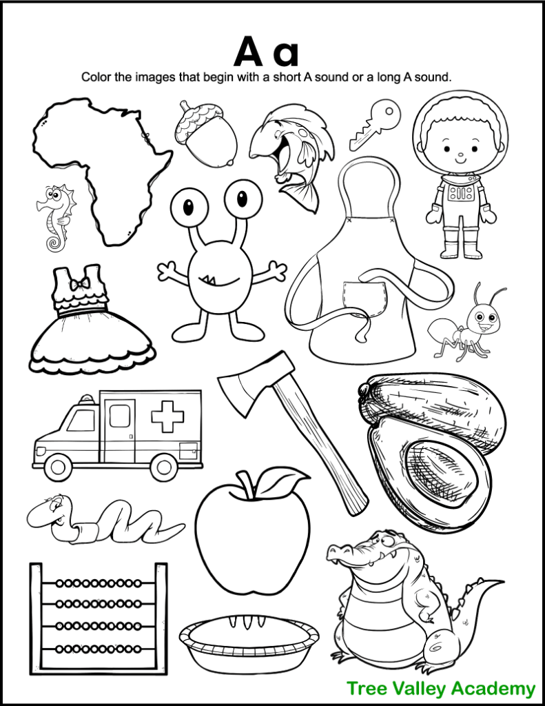 A free printable letter A sound coloring worksheet for kindergarten.  The black and white printable has 18 images.  9 of the images begin with a short A sound, and 3 of the images begin with a long A sound.  Kids need to color the images whose initial sound is a short A vowel sound or a long A vowel sound.