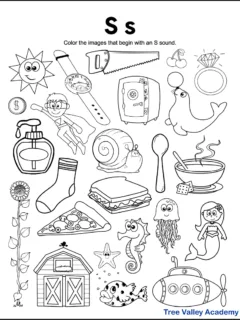 A free printable letter S beginning sound worksheet for kindergarten students. The letter S phonics coloring page has 24 images. 15 objects are letter S pictures for kids to color.