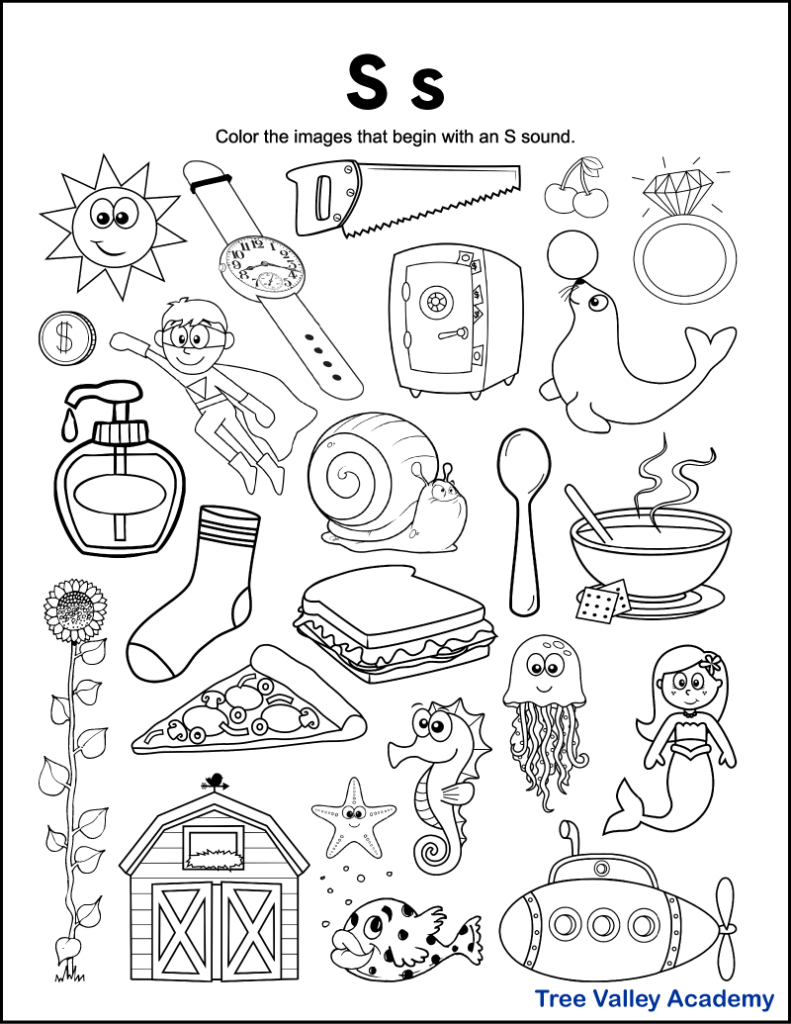 A free printable letter S beginning sound worksheet for kindergarten students. The letter S phonics coloring page has 24 images.  15 objects are letter S pictures for kids to color.