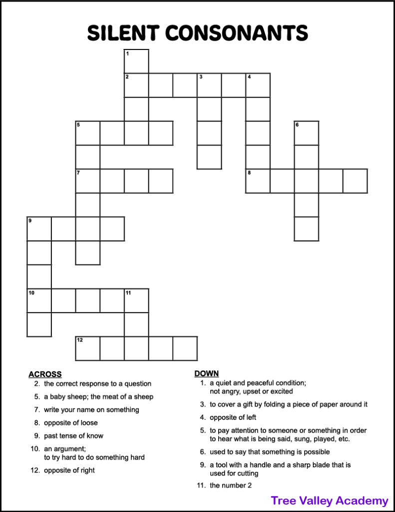 A black and white free printable silent consonants crossword puzzle. The puzzle has 14 clues for kids to solve.