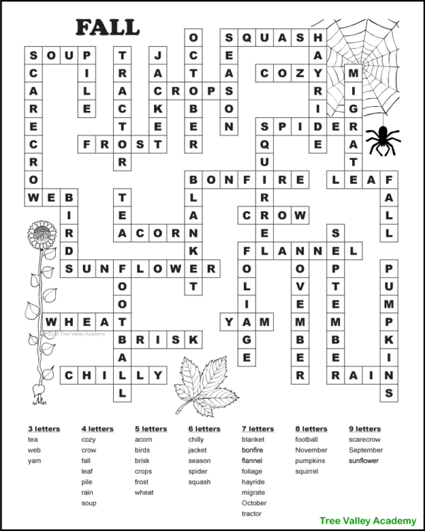 Fall Theme Fill Free Printable Autumn / Fall Word Fill In Puzzles - Tree Valley Academy