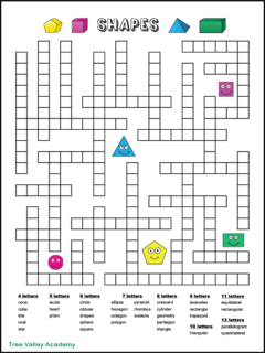 A one page free printable geometry shapes fill in word puzzle. The puzzle has 33 geometric shape words to fit in the puzzle. The downloadable pdf has 2 versions to choose from: black and white or color. Answers included.
