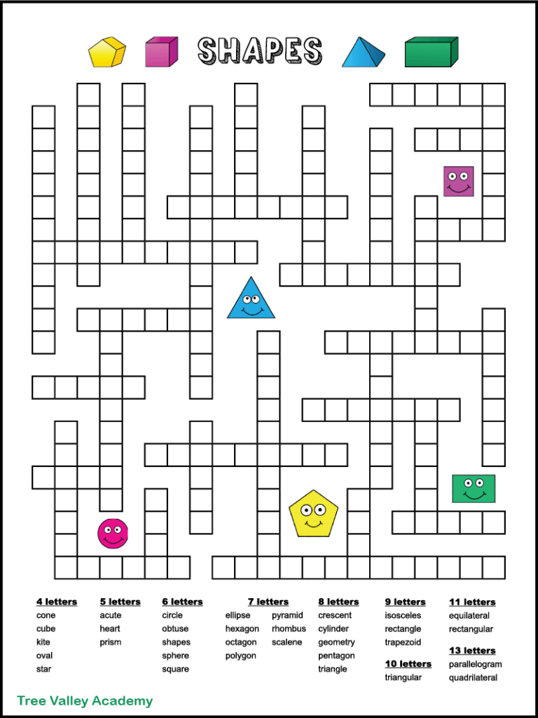 A one page free printable geometry shapes fill in word puzzle.  The puzzle has 33 geometric shape words to fit in the puzzle.  The downloadable pdf has 2 versions to choose from: black and white or color.  Answers included.  