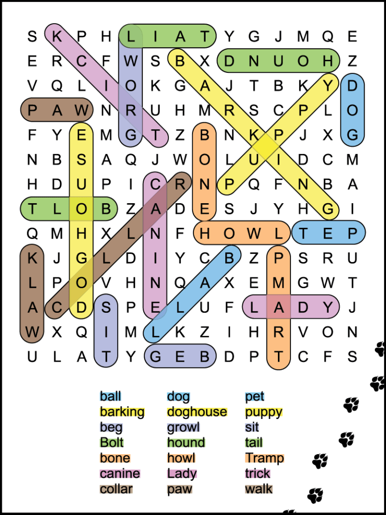 A color coded answer key for a printable dog themed word search for kids.