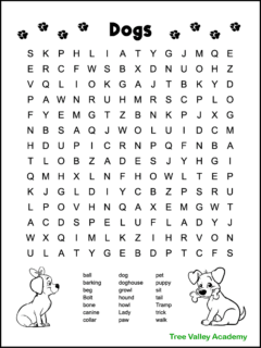 A black and white printable dog word search for kids. There are 21 dog themed words hidden in a 14 X 14 large print grid of letters. The words range from 1st to 3rd grade spelling words. The puzzle is decorated with 2 cute dogs that kids can color. A boy dog with a bone in his mouth, and a girl dog with a bow in her hair.