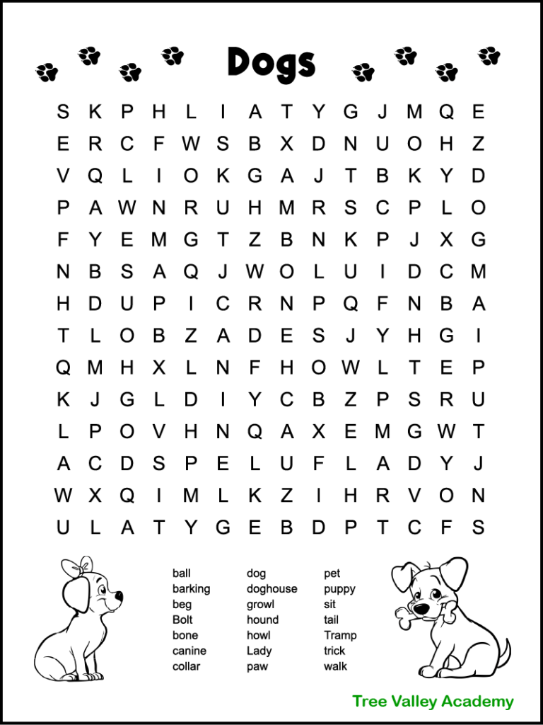 A black and white printable dog word search for kids.  There are 21 dog themed words hidden in a 14 X 14 large print grid of letters.  The words range from 1st to 3rd grade spelling words.  The puzzle is decorated with 2 cute dogs that kids can color.  A boy dog with a bone in his mouth, and a girl dog with a bow in her hair.