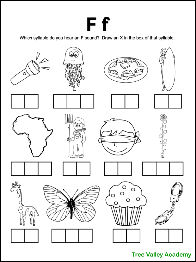 A free printable letter f sound worksheet perfect for 1st grade students. There's 12 black and white images of items and kids need to sound each word out, and identify which syllables contain an F sound. Kids will mark an X in the box representing that syllable. Free downloadable pdf includes answer page.