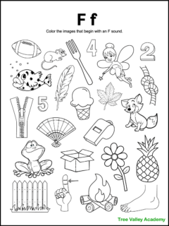 A free printable letter F beginning sound worksheet for kindergarten students. The letter F coloring page has 24 images. 15 items are letter F pictures for kids to color.