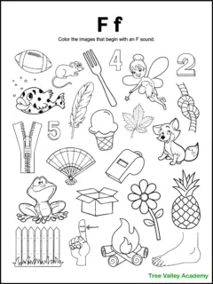 A free printable letter F beginning sound worksheet for kindergarten students. The letter F coloring page has 24 images. 15 items are letter F pictures for kids to color.