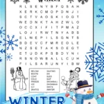 A black and white printable easy winter word search for kids around 7 to 9 years old. There are 16 winter words hidden in a 12 X 12 grid of letters. The word puzzle is decorated with winter pictures kids can color. There is an image of a snowman and a boy playing outside with snowballs.