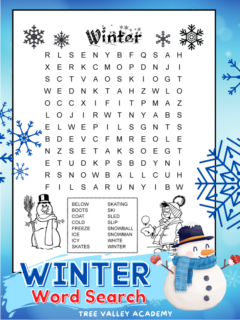 A black and white printable easy winter word search for kids around 7 to 9 years old. There are 16 winter words hidden in a 12 X 12 grid of letters. The word puzzle is decorated with winter pictures kids can color. There is an image of a snowman and a boy playing outside with snowballs.