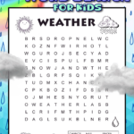 A weather word search with 12 words for kids to find. The page has a sun, a rain cloud, a rain drop, and a wind cloud for kids to color.